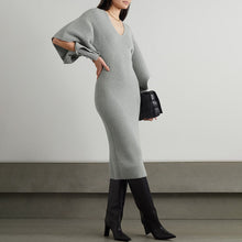 Load image into Gallery viewer, Long sweater dress, Bodycon Sweater Dress, midi sweater dress, midi knit dress, long knit dress, Jumper Dress, ribbed knit dress, Knit Sweater Dress, womens jumper, fall outfits, Spring Sweater Dress, Knit Bodycon Dress, cute new years eve outfits, Cute warm fall outfits, Long sleeve knit dress,plunging v neck dress, long sleeve knit dress, long black sweater dress, midi knit dress.