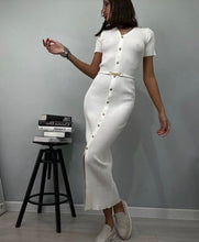 Load image into Gallery viewer, V neck Multi Breasted Dress Knitted Solid Color Slim Fit Short Sleeve Elegant Retro Long Knitted Hip Dress Women
