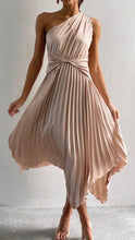 Load image into Gallery viewer, One shoulder Satin pleats dress, Asymmetrical Maxi dress, Pleated satin Dress, high low hem maxi dress, Christmas party wear, sparkly nye outfit, pleated ruffle maxi dress, Black satin pleated dress, Satin maxi dress, pleated ruffle maxi dress, satin slip dress, satin slip dress for wedding, onw shoulder satin slip dress, pleats dress, one shoulder satin dress for prom, asymmetrical dress for cocktail party, apricot cream satin pleats dress, asymmetrical dress for bridesmaid.