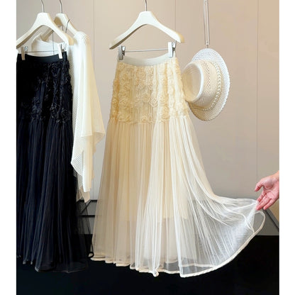 Niche Heavy Industry Three Dimensional Rose Floral Mesh Skirt Women Early Autumn Large Swing Fairy Yarn Skirt