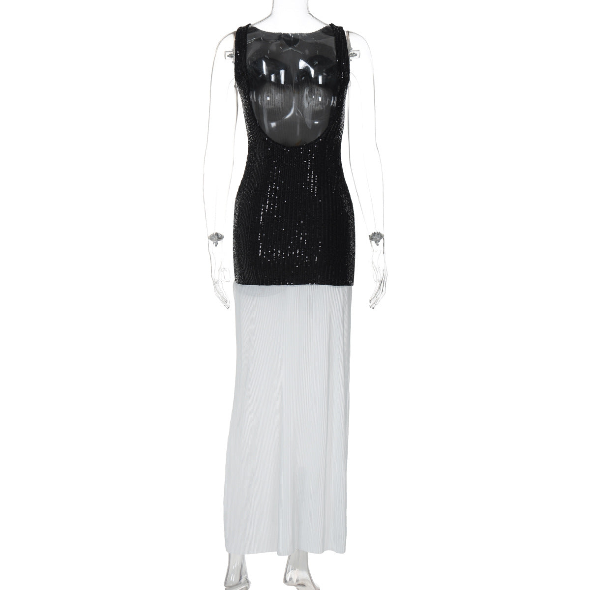 Women Clothing Autumn Sexy Backless Sleeveless Sequin Stitching Long Street Pleated Dress