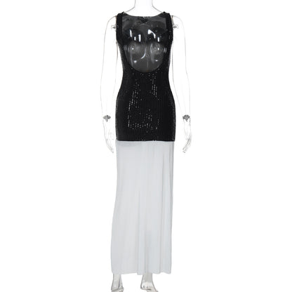 Women Clothing Autumn Sexy Backless Sleeveless Sequin Stitching Long Street Pleated Dress