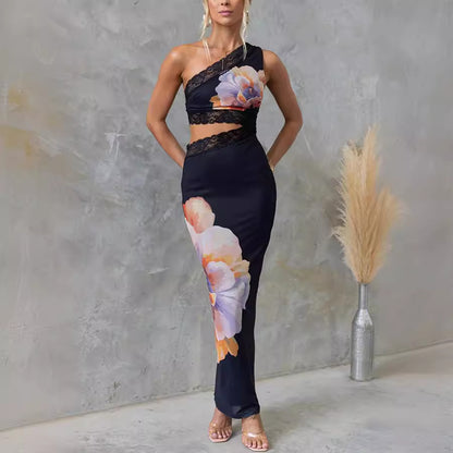 bodycon maxi dress, floral maxi dress, floral cutout maxi dress, cutout maxi dress, lace dress, lace maxi dress, one shoulder maxi dress, long floral dress, womens evening dress, black lace dress, elegant floral dress, black evening dress, prom dress, wedding guest dress.