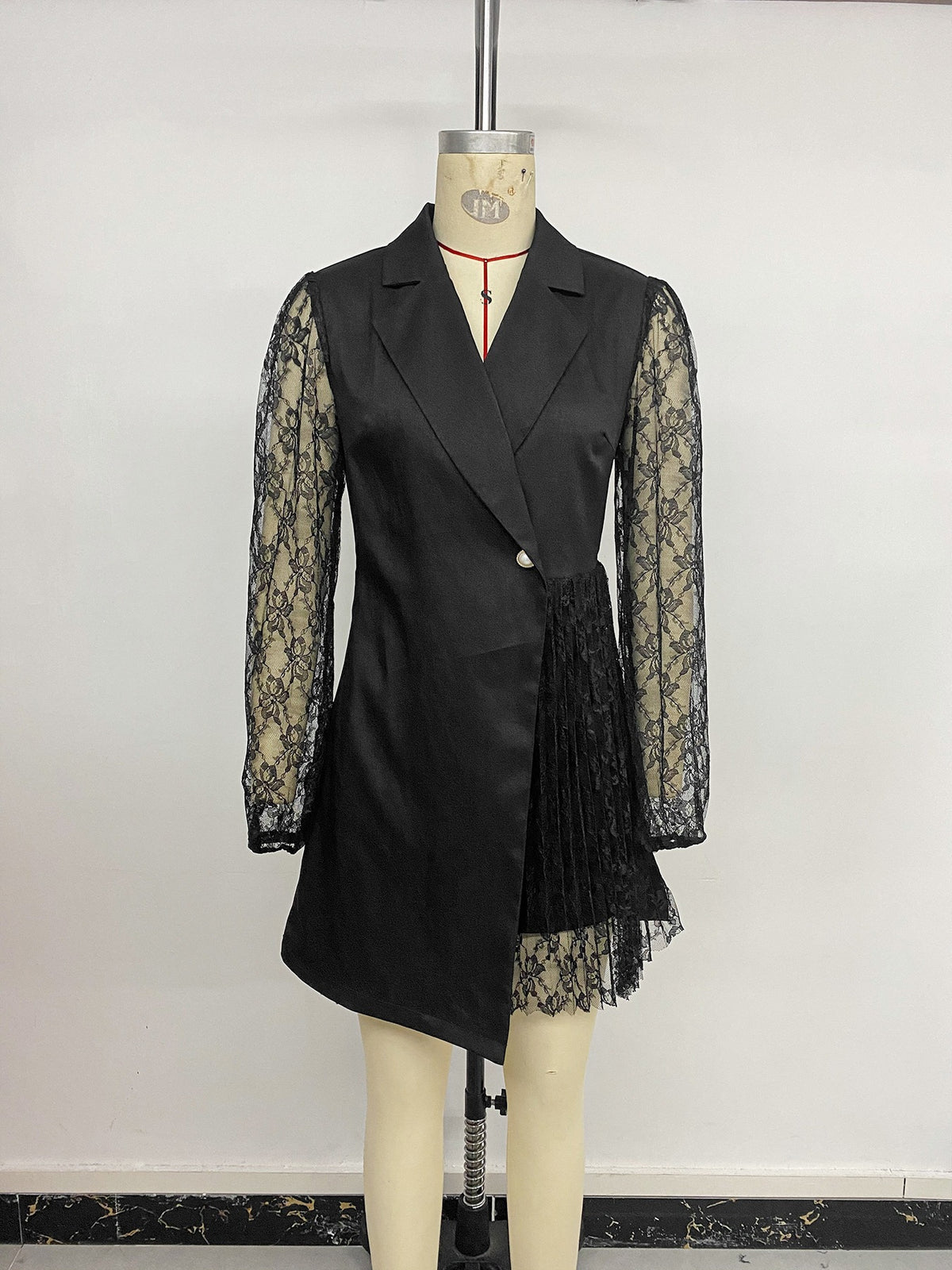 Pure Elegant Black Lace Stitching Blazers Dress