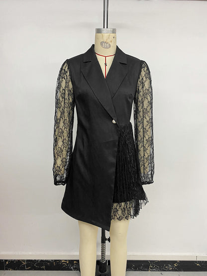 Pure Elegant Black Lace Stitching Blazers Dress