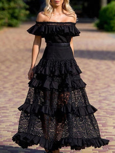 Summer Women Clothing off-Shoulder Ruffled Hollow Out Cutout Wide Hem Lace Dress