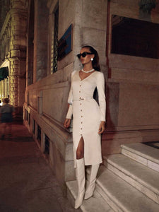 Autumn Winter Long Sleeve Knitted Dress Button Split Russia Hip Wrapped Sweater Cardigan Dress No Belt