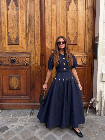 Summer Casual Unique Metal Button Lace up Denim Skirt Two Piece Sets