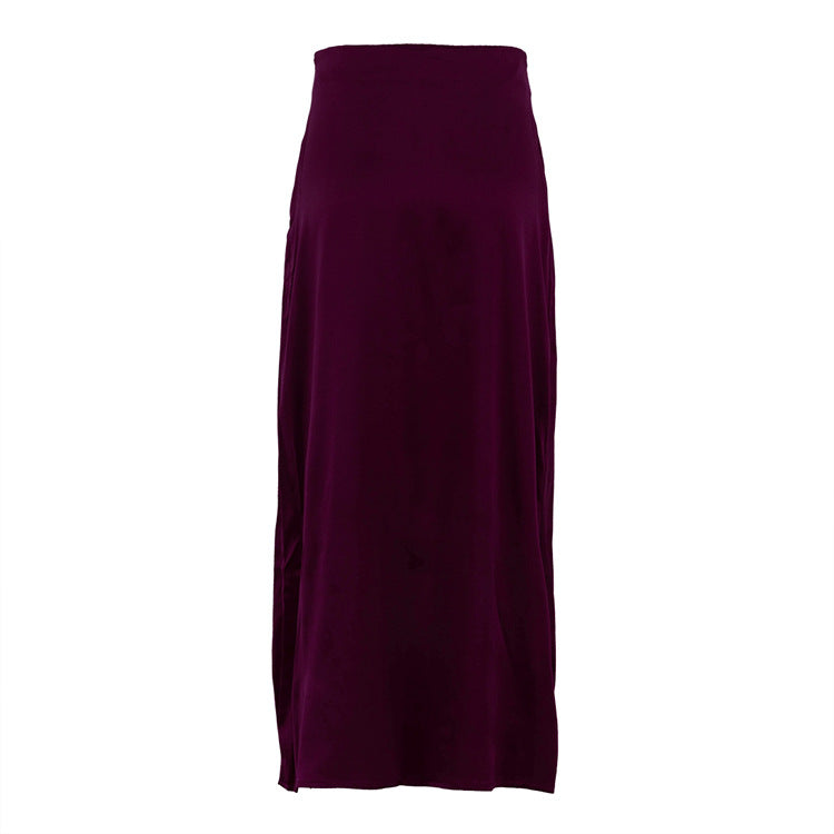 Women Clothing Wine Red Long Skirt Spring Autumn Simple Temperamental All Match High Waist Satin Hip Skirt