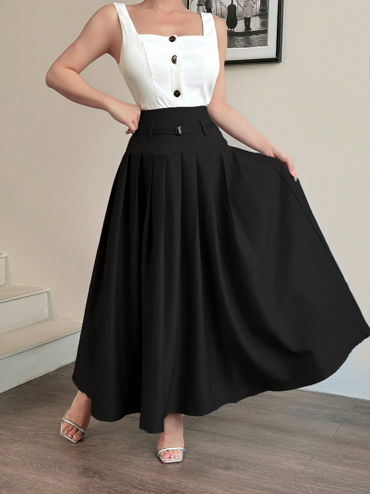 Office High End Design Black Skirt Belly Covering A line Summer Small High End Exquisite Skirt