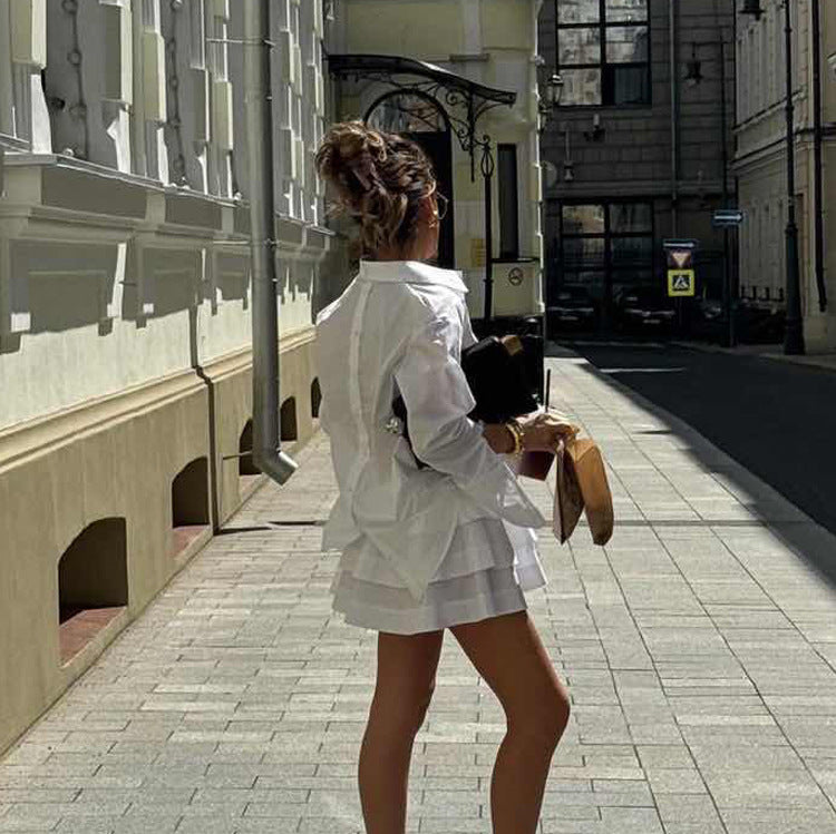 White Shirt Tiered Skirt Set Women Collared Long Sleeve Stylish Shirt High Waist Short Skirt Two Piece Set
