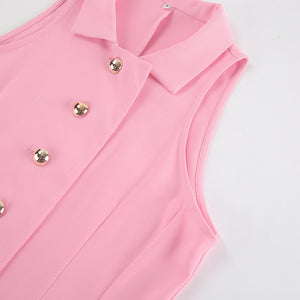Summer All Match Office Sleeveless Collared Slim Fit Slimming Solid Color Classic Faux Pocket Dress Short for Women