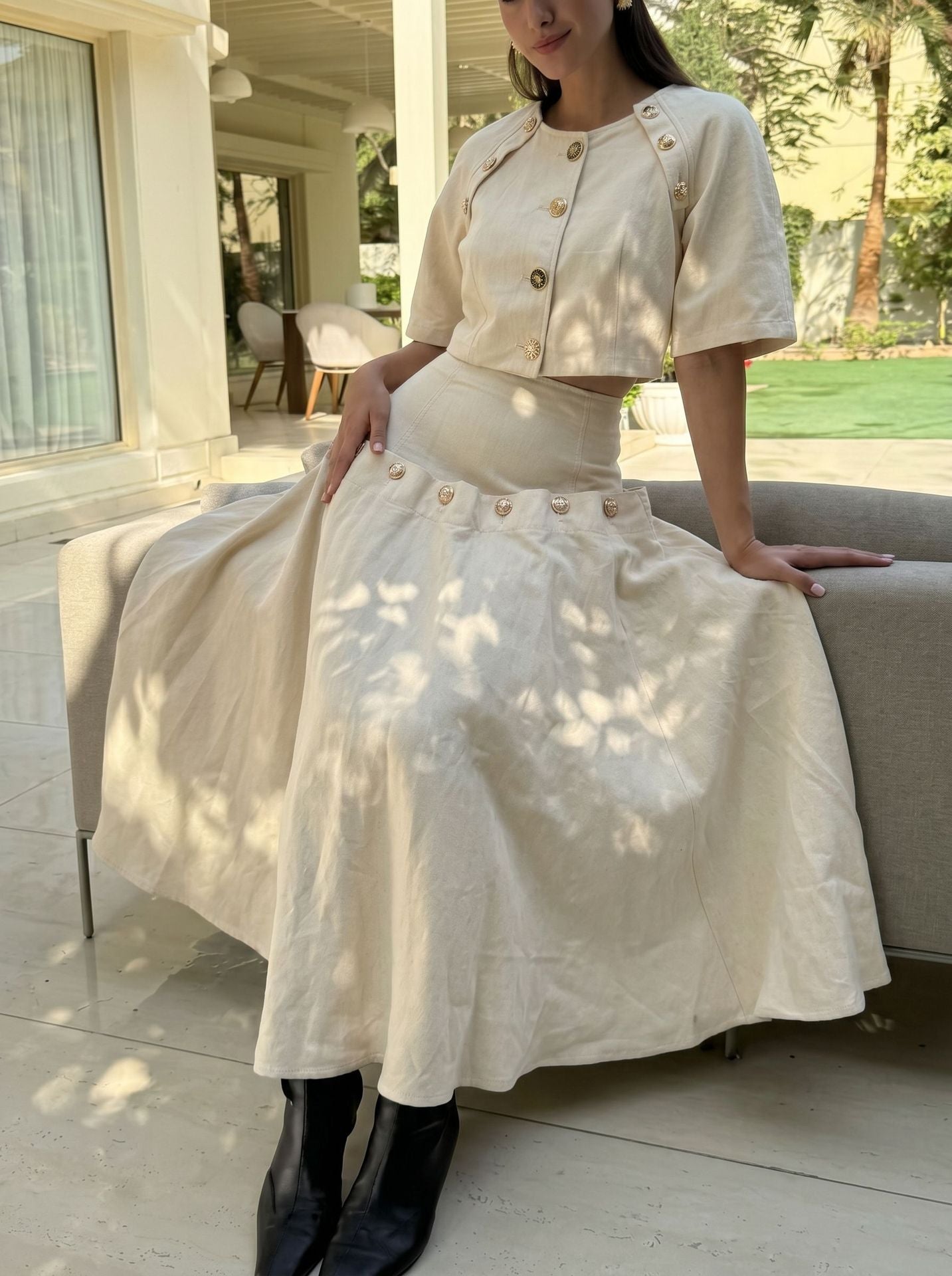 Summer Casual Unique Metal Button Lace up Denim Skirt Two Piece Sets