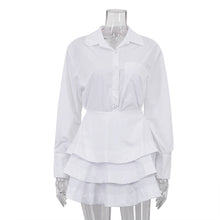 Load image into Gallery viewer, White Shirt Tiered Skirt Set Women Collared Long Sleeve Stylish Shirt High Waist Short Skirt Two Piece Set