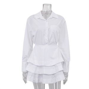 White Shirt Tiered Skirt Set Women Collared Long Sleeve Stylish Shirt High Waist Short Skirt Two Piece Set