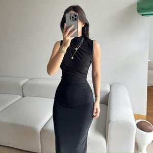 Summer Solid Color Split High Waist Slim Sexy Sleeveless Long Women Clothing Dress