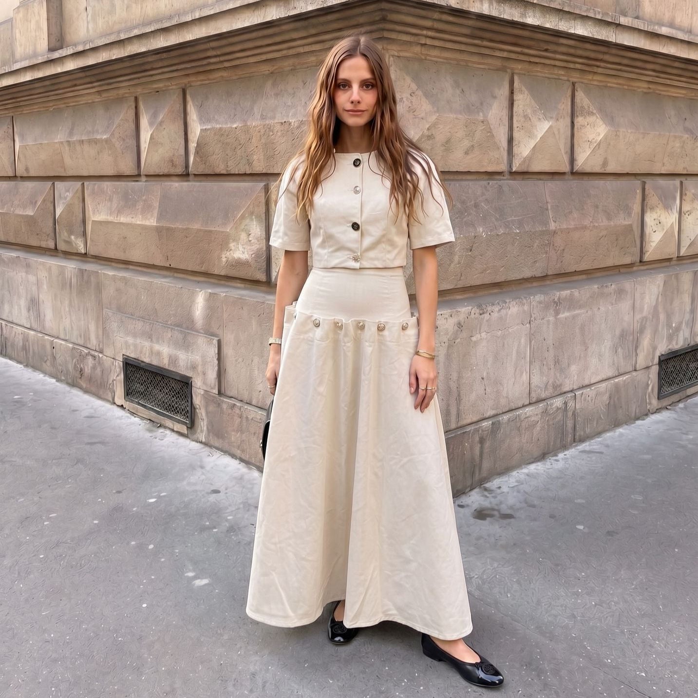Summer Casual Unique Metal Button Lace up Denim Skirt Two Piece Sets