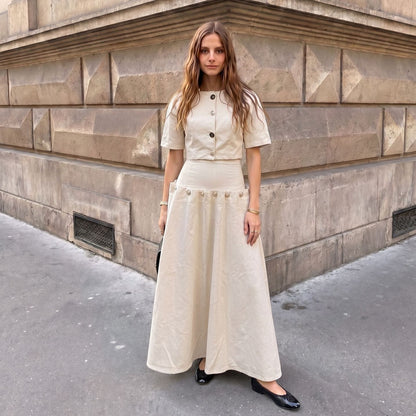 Summer Casual Unique Metal Button Lace up Denim Skirt Two Piece Sets