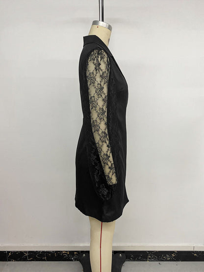 Pure Elegant Black Lace Stitching Blazers Dress