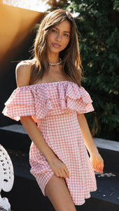 Women Clothing New Plaid off-Shoulder Ruffled Collar Show Fashion Dress