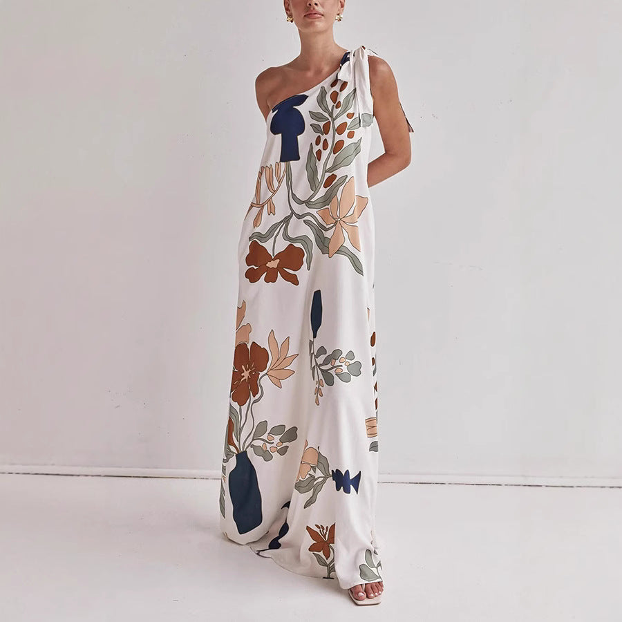 floral maxi dress, one shoulder maxi dress, boho maxi dress, flowy maxi dress, long dresses, tie shoulder maxi dress, printed summer dress, Summer vacation dress, Flowy printed dress, earthy floral dress.