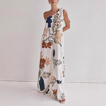 floral maxi dress, one shoulder maxi dress, boho maxi dress, flowy maxi dress, long dresses, tie shoulder maxi dress, printed summer dress, Summer vacation dress, Flowy printed dress, earthy floral dress.