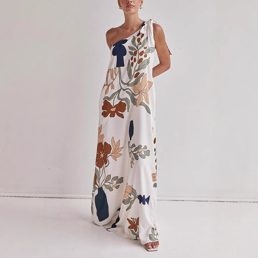 floral maxi dress, one shoulder maxi dress, boho maxi dress, flowy maxi dress, long dresses, tie shoulder maxi dress, printed summer dress, Summer vacation dress, Flowy printed dress, earthy floral dress.