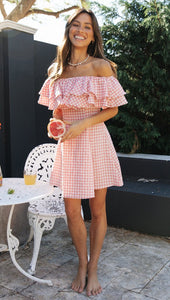Women Clothing New Plaid off-Shoulder Ruffled Collar Show Fashion Dress