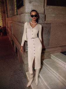 Autumn Winter Long Sleeve Knitted Dress Button Split Russia Hip Wrapped Sweater Cardigan Dress No Belt