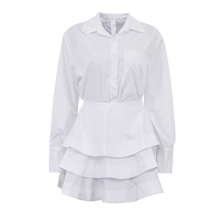 White Shirt Tiered Skirt Set Women Collared Long Sleeve Stylish Shirt High Waist Short Skirt Two Piece Set
