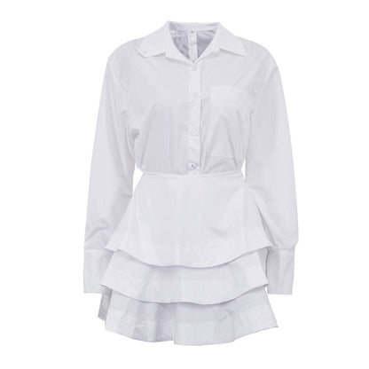 White Shirt Tiered Skirt Set Women Collared Long Sleeve Stylish Shirt High Waist Short Skirt Two Piece Set