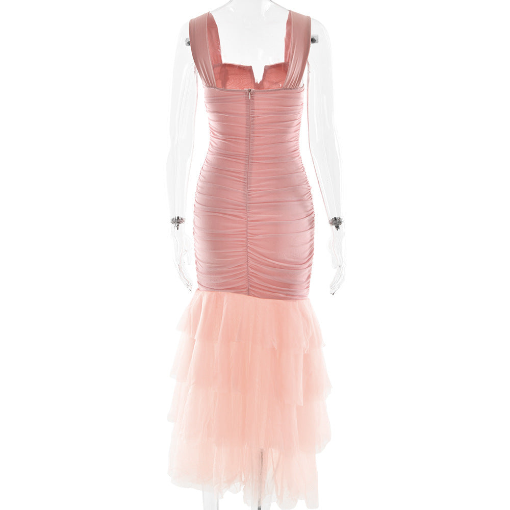 Ruched Tulle & Lace Bodycon Maxi Dress - Tiered Ruffle Mermaid Dress - Wedding Cocktail & evening dress.