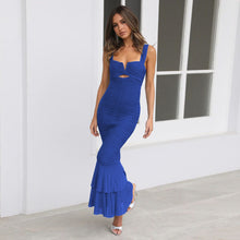 Load image into Gallery viewer, Ruffle Ruched Bodycon Maxi dress, Ruched Bodyon Dress, Ruched dress with mermaid hem, Bodycon Maxi Dress,  Ruched Cocktail Dress, Bodycon dress for cocktail party, Ruched Dress, Mermaid Dress, Ruched Mermaid Dress, Blue Ruched Dress, Wedding guest outfit, Bridesmaid Maxi Dress.