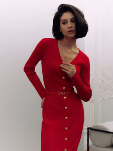 Autumn Winter Long Sleeve Knitted Dress Button Split Russia Hip Wrapped Sweater Cardigan Dress No Belt