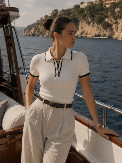 Old money White fitted polo shirt with fine ribbing, contrast collar and sleeve edging, a minimalist option for travel wardrobes, daytime dressing and effortless European summer style for women. contrast trim polo top styled for office wear, with its fitted ribbed knit silhouette, classic collar and button detail making it a polished choice for business casual and elevated basics