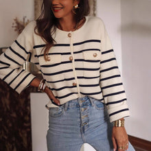Load image into Gallery viewer, Old money striped cardigan outfit ideas for petite and curvy women, black and white striped cardigan with gold buttons, Pinterest trending business casual cardigan look, striped work cardigan women, gold button cardigan, business casual cardigan women, 