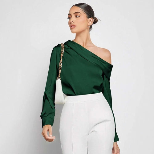 One-shoulder satin blouse in emerald green, silky finish and asymmetrical neckline ideal women’s cocktail top or satin evening blouse that works for day-to-night, one-shoulder evening top women, work to evening satin top women.