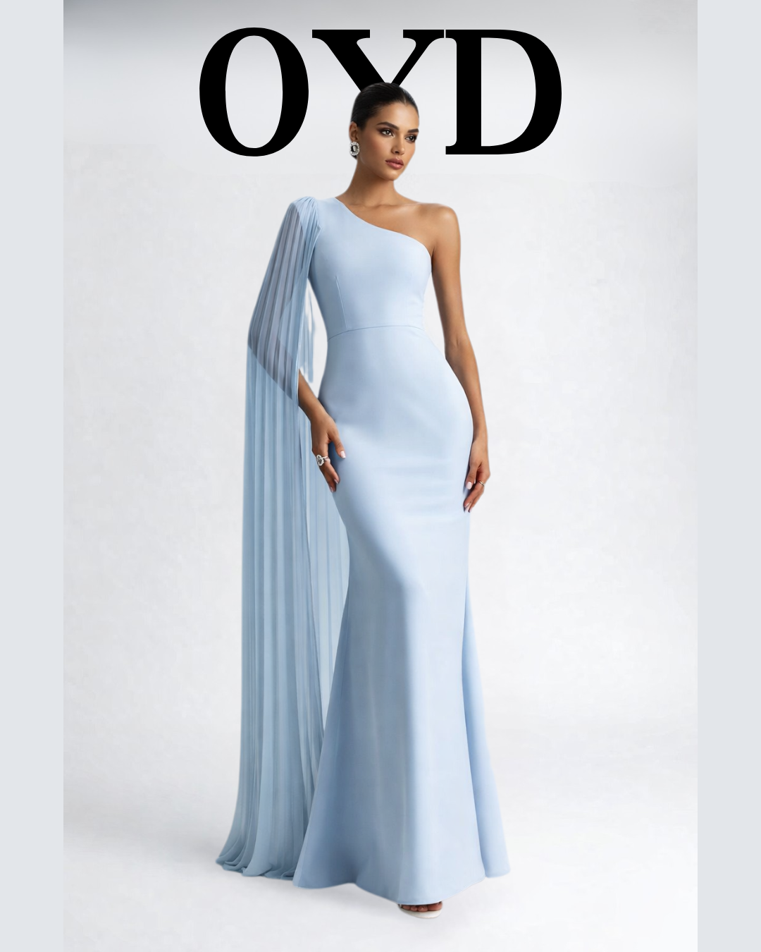 Asymmetrical evening dress, One shoulder evening gown with pleated cape sleeve, bodycon silhouette and maxi length formal design, ideal for evening party dresses and wedding guest dresses with sculpted elegant finish, pleated cape gown, blue evening gown.