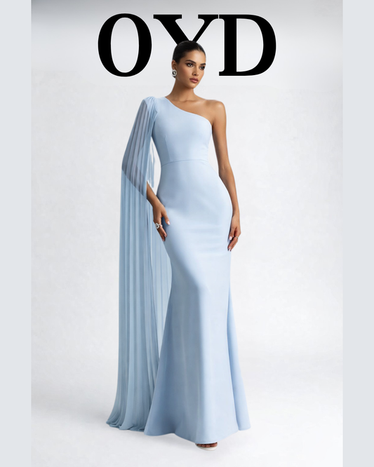 Asymmetrical evening dress, One shoulder evening gown with pleated cape sleeve, bodycon silhouette and maxi length formal design, ideal for evening party dresses and wedding guest dresses with sculpted elegant finish, pleated cape gown, blue evening gown.