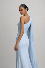 Load image into Gallery viewer, One shoulder evening gown with flowing pleated cape sleeve and bodycon silhouette, icy blue maxi gown, perfect for evening party dresses and wedding guest dresses with maxi length formal elegance and sculpted fit