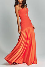 Load image into Gallery viewer, Orange off shoulder satin maxi dress with mermaid flow satin skirt and structured bodycon bodice, ideal for summer parties, wedding guest dress mermaid gown, prom dress.