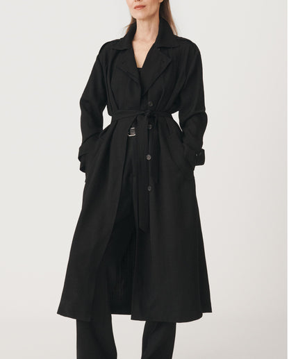 Oversized black trench coat women, double breasted belted trench, full length jet black trench, classic trench coat women, fall trench coat outfit, office wear.