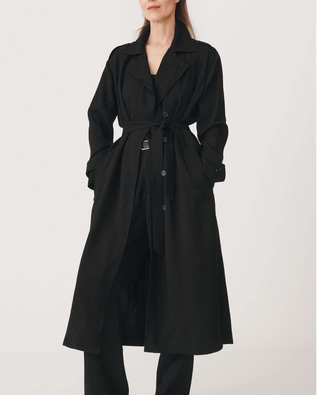Oversized black trench coat women, double breasted belted trench, full length jet black trench, classic trench coat women, fall trench coat outfit, office wear.