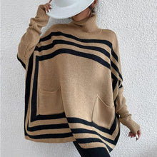 Load image into Gallery viewer, Oversized turtleneck sweater women in camel with geometric stripe sweater women detailing, cozy batwing sleeve sweater look, camel poncho turtleneck sweater women style for winter layering and casual fall outfits, geometric stripe sweater, camel poncho sweater.