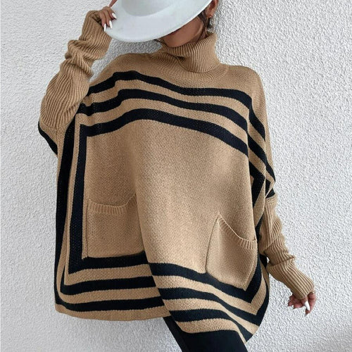 Oversized turtleneck sweater women in camel with geometric stripe sweater women detailing, cozy batwing sleeve sweater look, camel poncho turtleneck sweater women style for winter layering and casual fall outfits, geometric stripe sweater, camel poncho sweater.