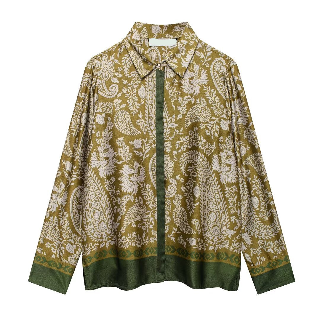 Paisley silk shirt wide leg pants two piece set featuring high waist wide leg trouser set and button down shirt set, refined coord set women outfit ideal for office wear coord set, wedding guest outfit and classy fall outfits.