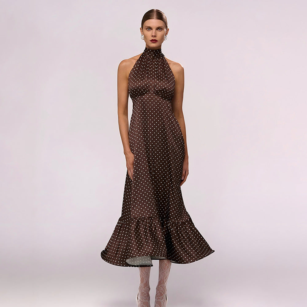 Parisian high neck party dress, trumpet hem elegant cocktail dress, wedding guest dress, retro polka dot dress, vintage polka dot dress women in brown bias cut polka dot dress women style with flowing trumpet hem, suited for elegant holiday party midi dress with dots and Parisian style vintage polka dot dress women.
