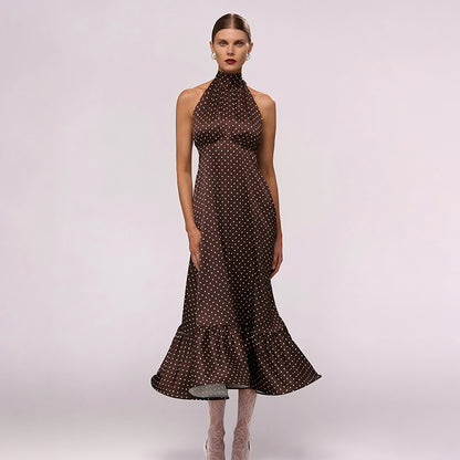 Parisian high neck party dress, trumpet hem elegant cocktail dress, wedding guest dress, retro polka dot dress, vintage polka dot dress women in brown bias cut polka dot dress women style with flowing trumpet hem, suited for elegant holiday party midi dress with dots and Parisian style vintage polka dot dress women.