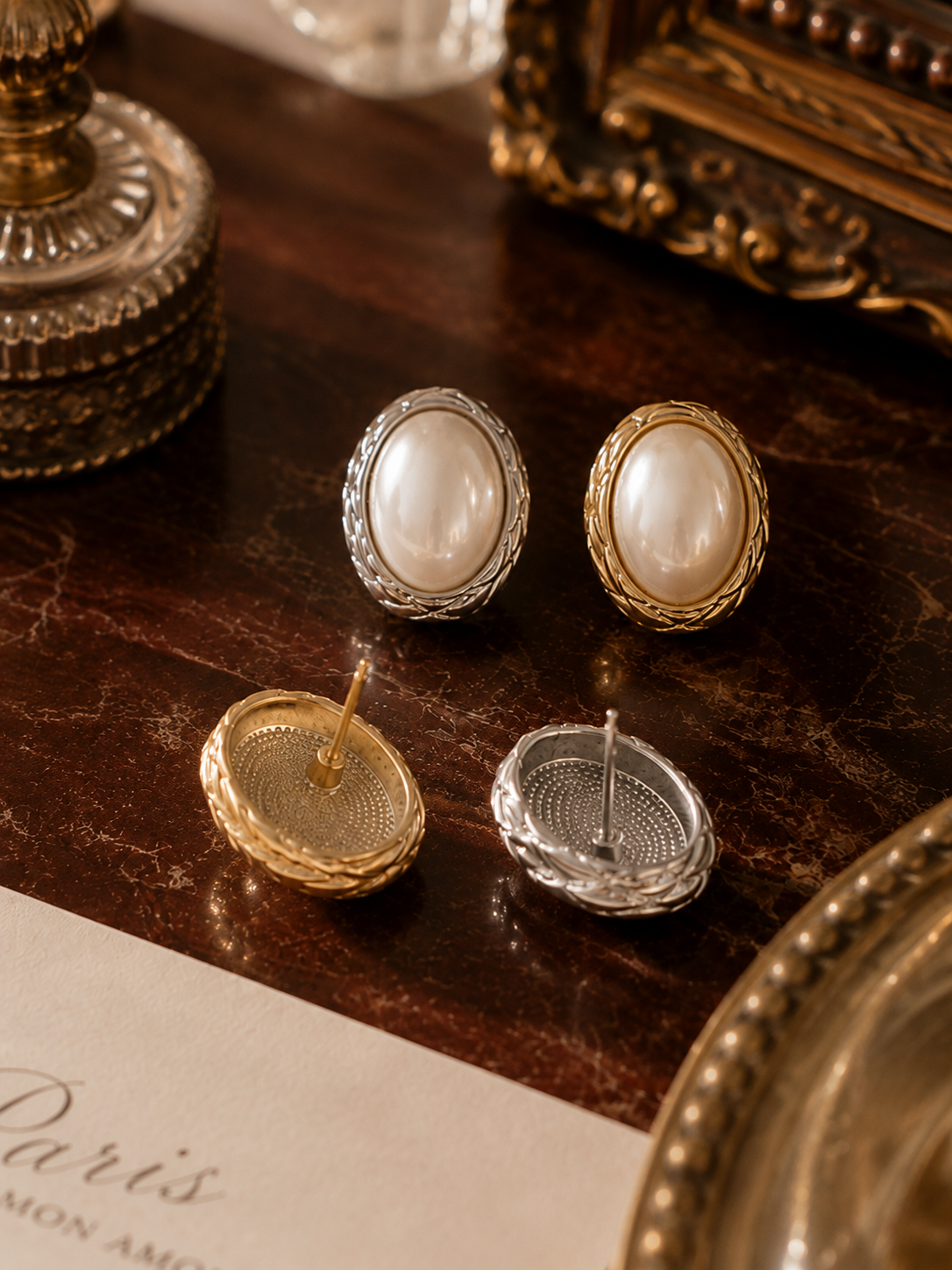 Pearl Earrings For Women, Minimalist Jewellery, Oval Stud Earrings, Minimalist pearl oval stud earrings in stainless steel, designed for effortless everyday styling with blazers, knitwear, shirts, and dresses.