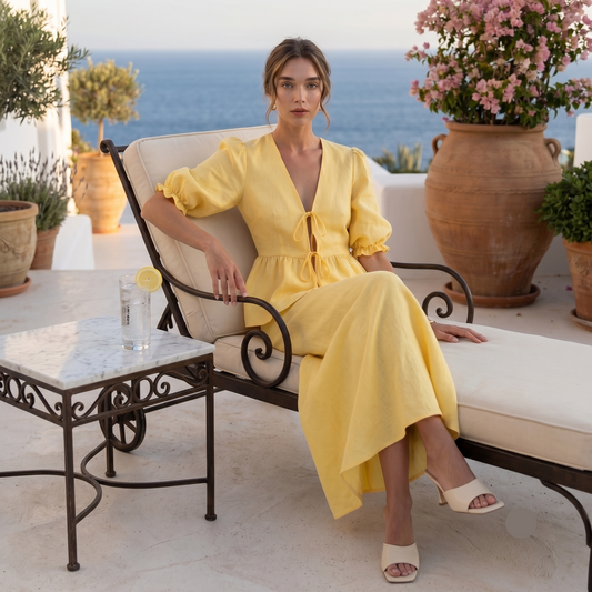 Yellow two piece maxi dress, Peplum co-ord set women featuring adjustable front ties, puff sleeve detailing and an elongated feminine silhouette, perfect as a garden party co-ord set women with Pinterest viral peplum co-ord set appeal for spring events.
